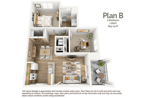 Floor plan for 2 beds, 1 bath, 894 sqft